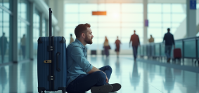 Voyageur frustré avec valise fermée dans un aéroport lumineux
