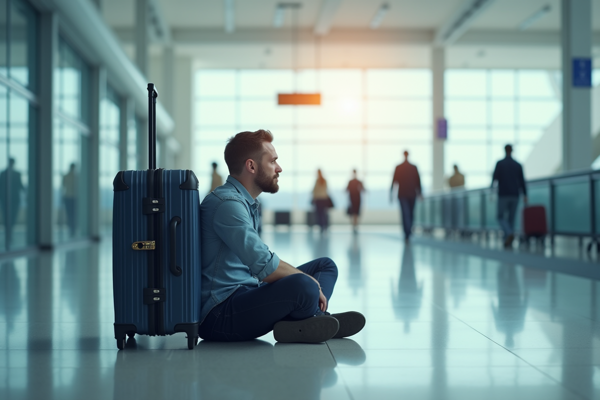 Voyageur frustré avec valise fermée dans un aéroport lumineux