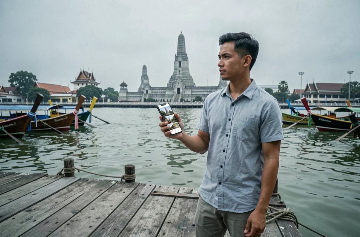 Voyageur consultant un blog voyage Thaïlande sur smartphone au bord d'un quai de Bangkok avec vue sur le Wat Arun