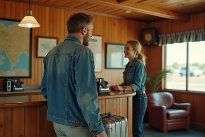 Homme d'âge moyen check-in au motel vintage américain
