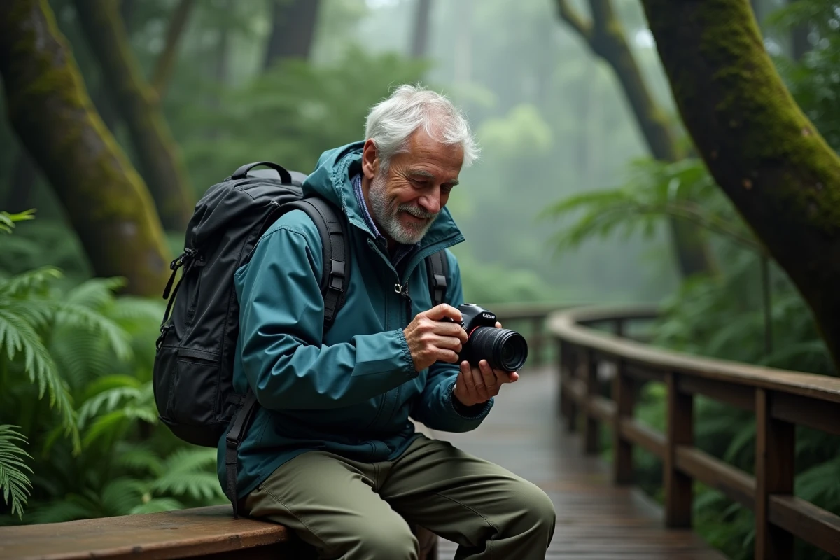 Voyageur non professionnel consultant ses photos sur son appareil en forêt tropicale lors d'un voyage photo Aguila