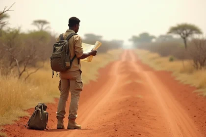 Voyageur solitaire consultant une carte sur une piste en latérite au Soudan du Sud, entouré de savane africaine et de huttes traditionnelles à l'horizon