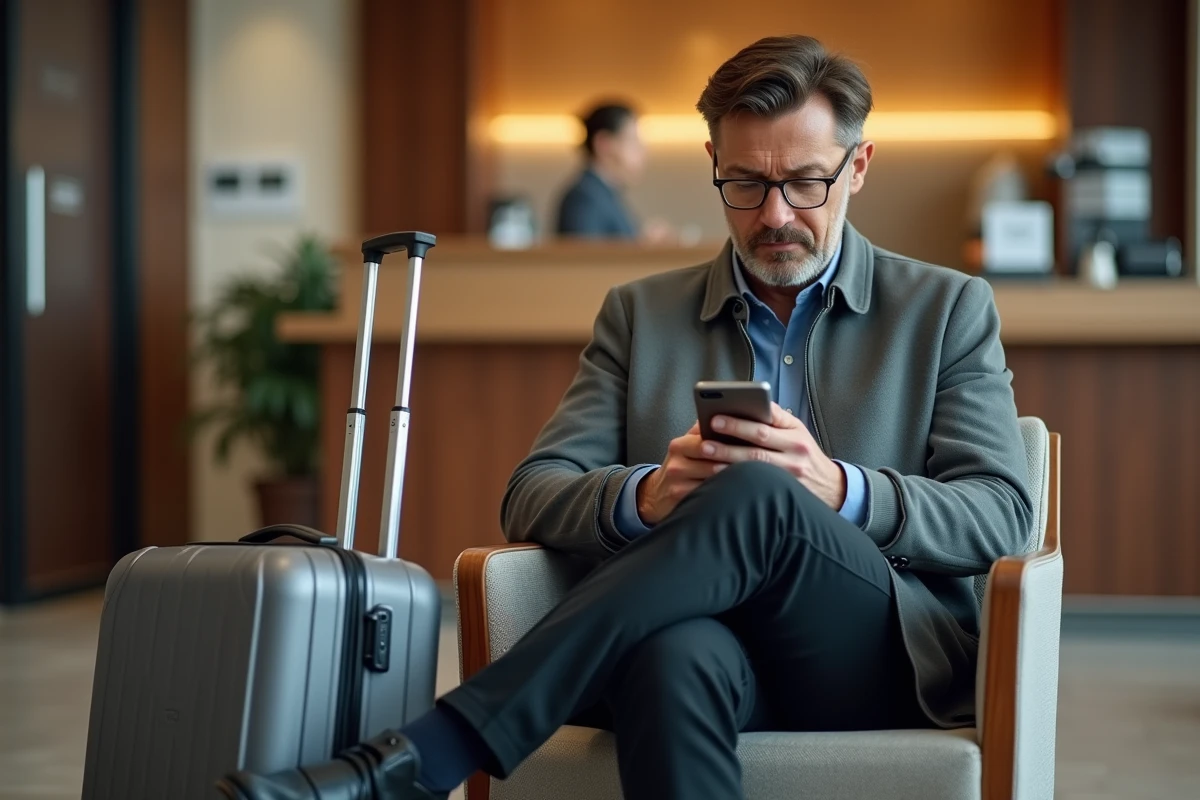 Voyageur consultant sa réservation sur smartphone dans le hall d'un hôtel ibis avant le check-in