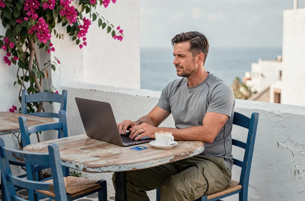 Voyageur comparant des forfaits SIM locaux dans un café en bord de mer au Maroc