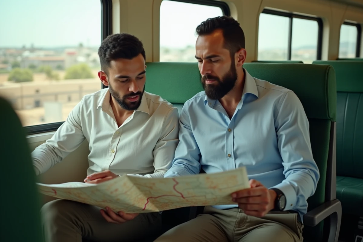 Deux voyageurs tunisiens consultant un itinéraire dans un train entre Monastir et Tunis