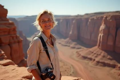 Voyageuse amateur avec appareil photo contemplant un paysage de canyon lors d'un voyage organisé Aguila Voyage