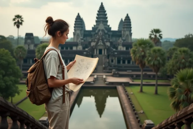 Voyageuse solo consultant une carte papier devant Angkor Wat au Cambodge lors d'un road trip de 3 semaines