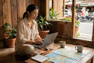 Voyageuse consultant un blog sur la Thaïlande dans un café en bois de Chiang Mai avant son premier voyage