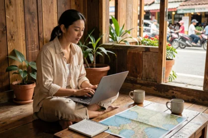 Voyageuse consultant un blog sur la Thaïlande dans un café en bois de Chiang Mai avant son premier voyage