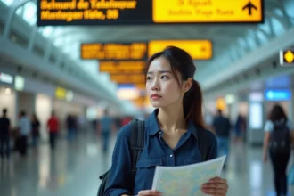Voyageuse consultant une carte à l'aéroport international de Kuala Lumpur pour éviter les pièges touristiques