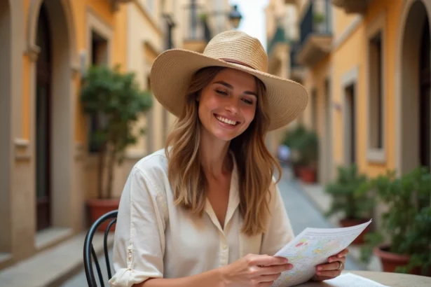 Voyageuse consulte une carte touristique à une terrasse de café à La Valette, Malte, avec architecture traditionnelle maltaise en arrière-plan