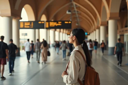 Voyageuse tunisienne sur le quai d'une gare avec un tableau de départ indiquant Monastir et Tunis