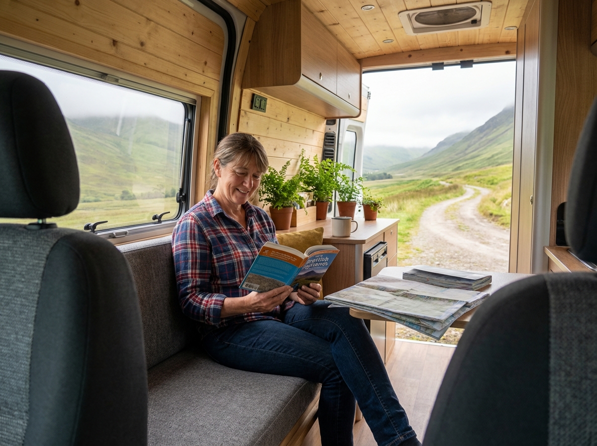 Voyageuse lisant un guide dans son van moderne