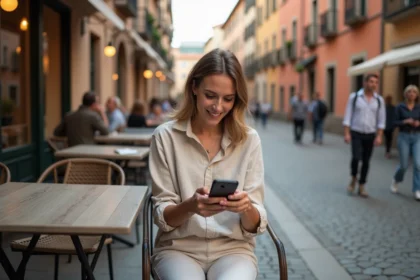 Voyageuse réservant une activité touristique sur Get Your Guide depuis son smartphone en terrasse de café en Europe
