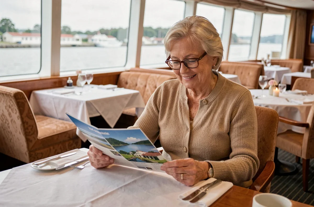Voyageuse senior lisant une brochure de croisière dans le restaurant élégant d'un navire AB Croisière