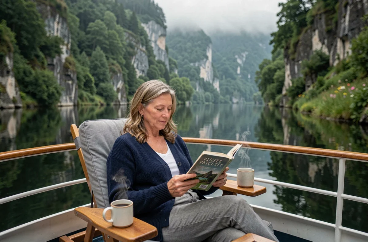 Femme voyageant seule en croisière fluviale, lisant sur le pont d'un bateau face à des gorges verdoyantes