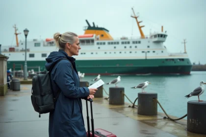 Voyageuse stressée sur le quai du terminal ferry de Lorient consultant son billet avant l'embarquement pour Groix