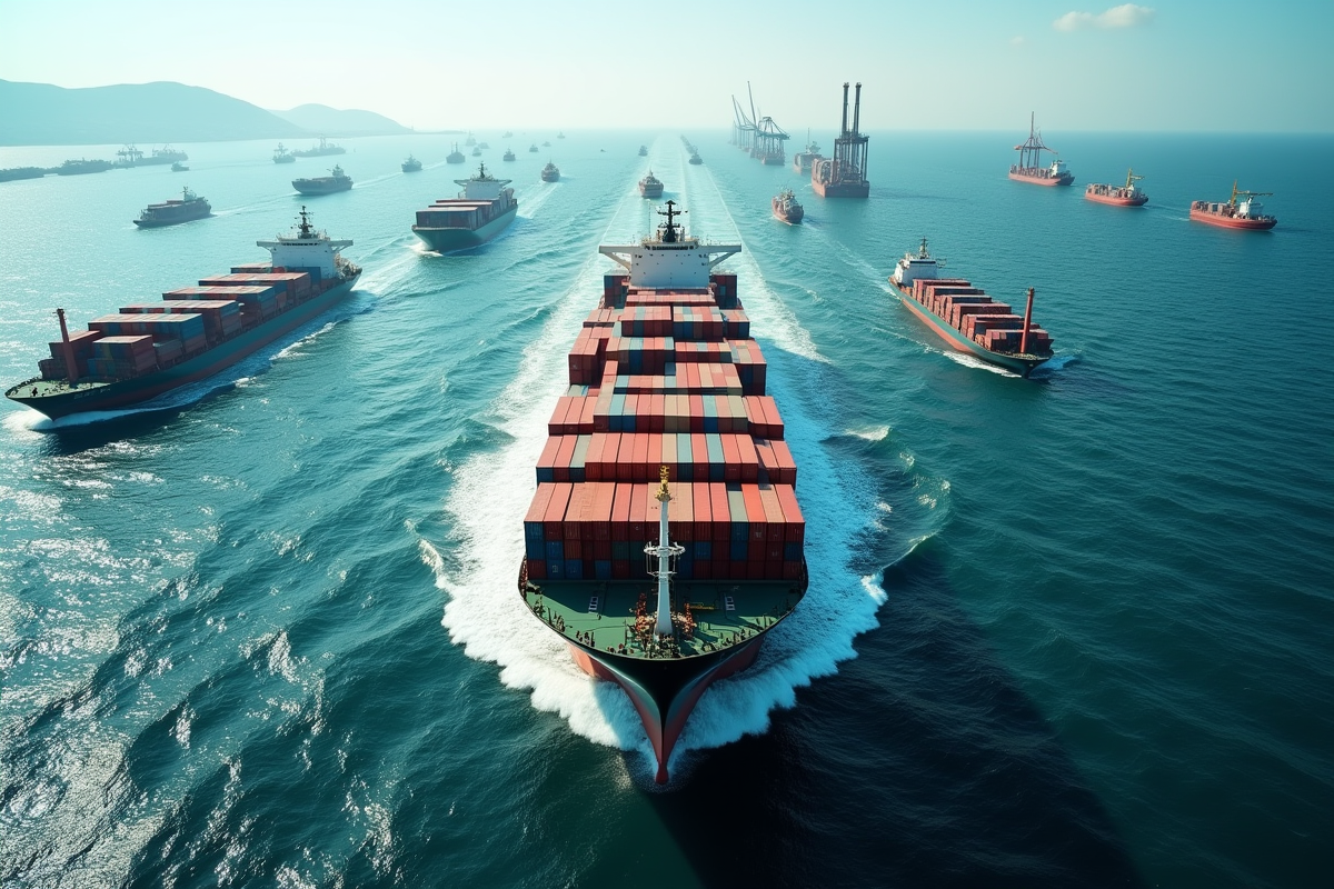 Vue aérienne d’un grand porte-conteneurs en mer