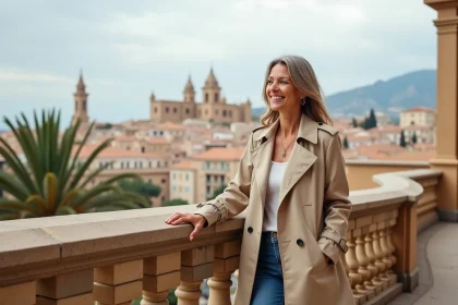Femme souriante en trench beige sur un point de vue à Palma de Majorque